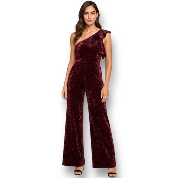 Lulus L Red Velvet Jumpsuit One Shoulder Ruffle Wide Leg Witchy Wedding Guest - Picture 1 of 12